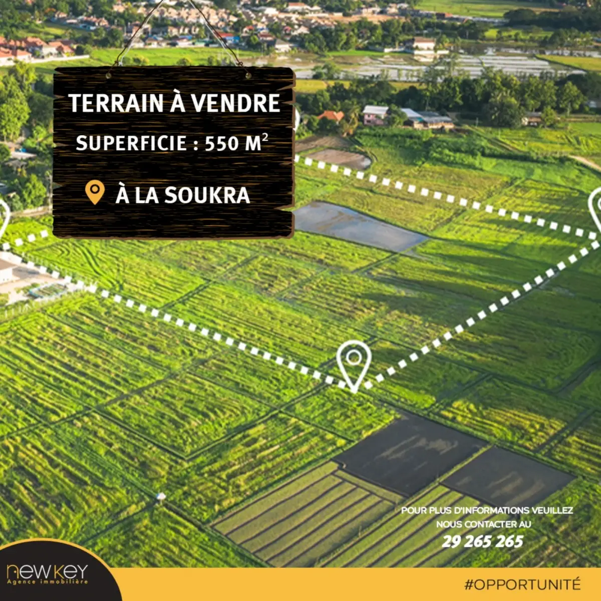 Terrain de 550 m² qui fait l'angle à La Soukra